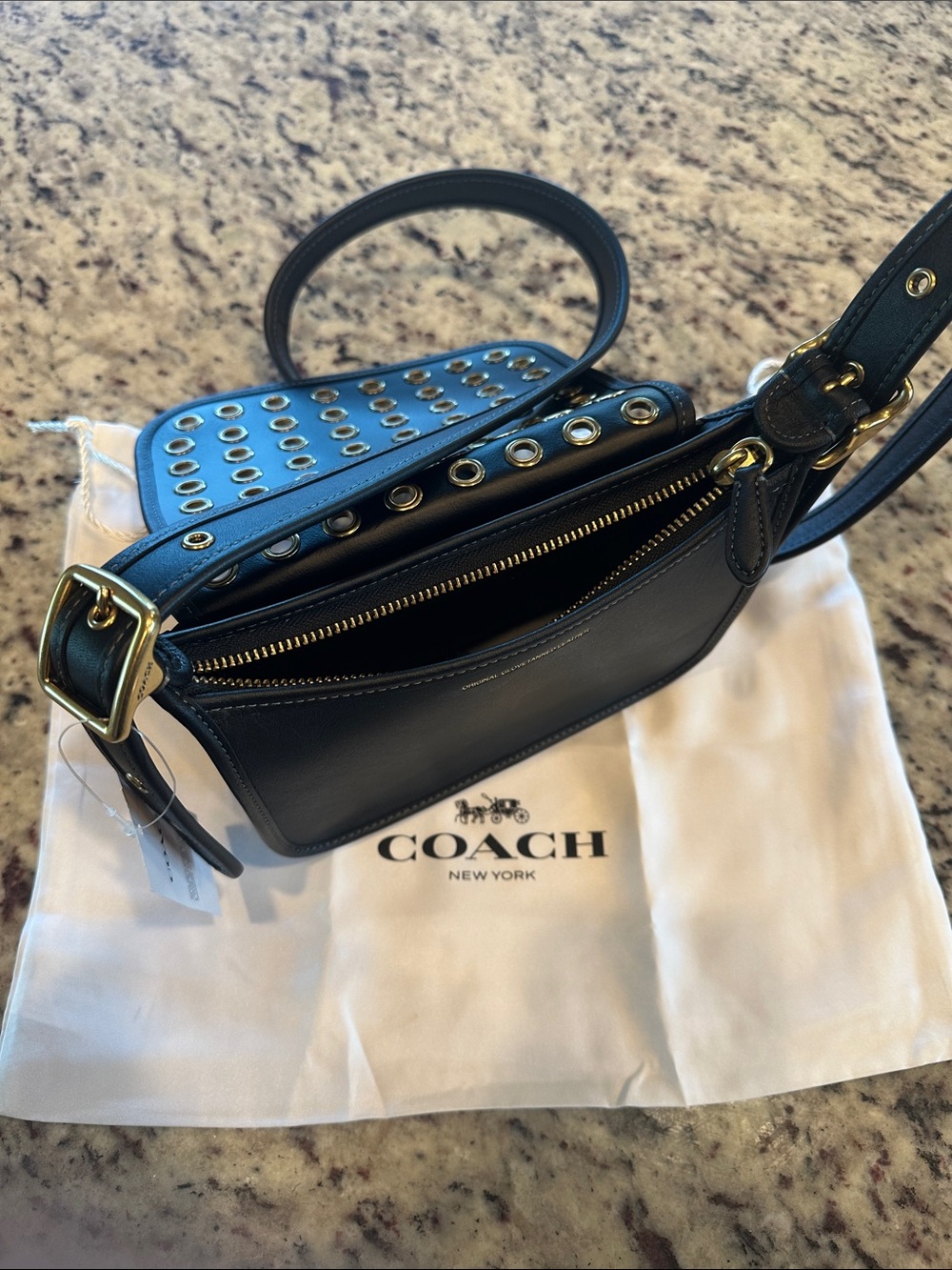 NWT Coach Black Leather Crossbody with Gold Eyelet Accents - Picture 2 of 4